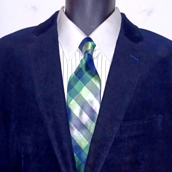 GEOFFREY BEENE Blue Green Plaid Spring Silk Necktie - Picture 1 of 6